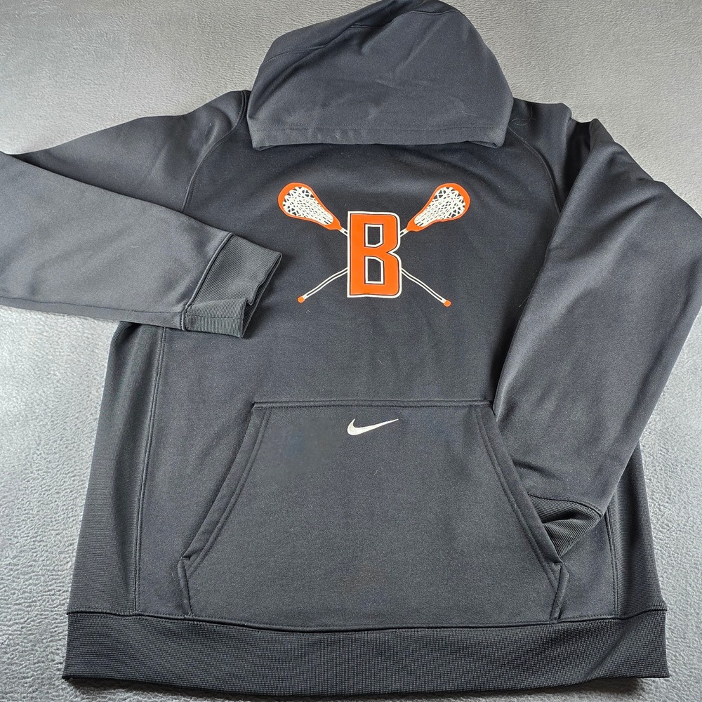 Nike Therma-FIT Lacrosse Hoodie Mens Medium Black Orange B Pullover Sweatshirt